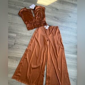 NWT Satin Copper Brown Palazzo Pants & Ruched Crop Top Set